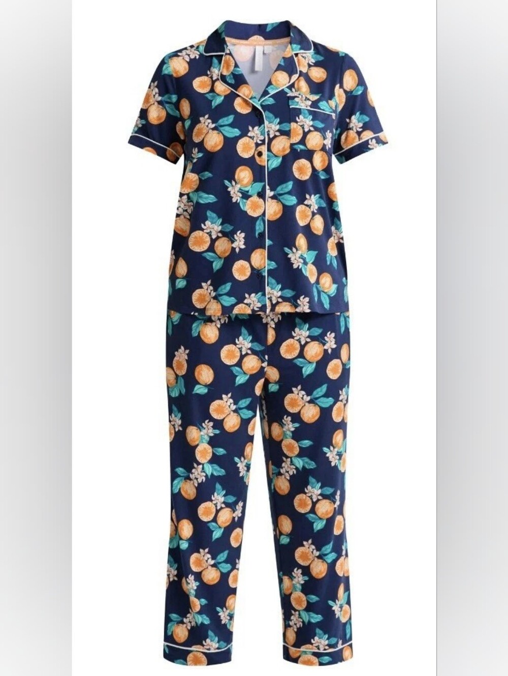 Women’s Navy Orange Print Pajama Set - Short Sleeve Button Top & Pants
